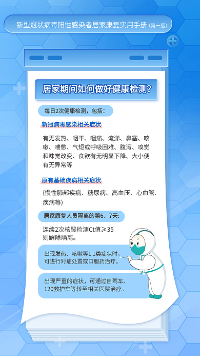 简约蓝色有无发热咽干居家康复实用手册海报
