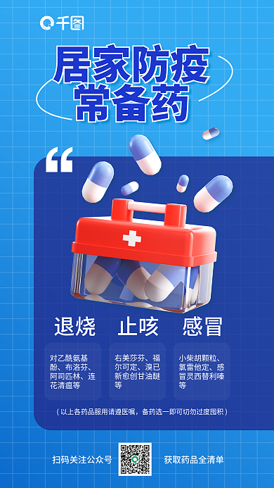 防疫备居家防疫常备药3d海报