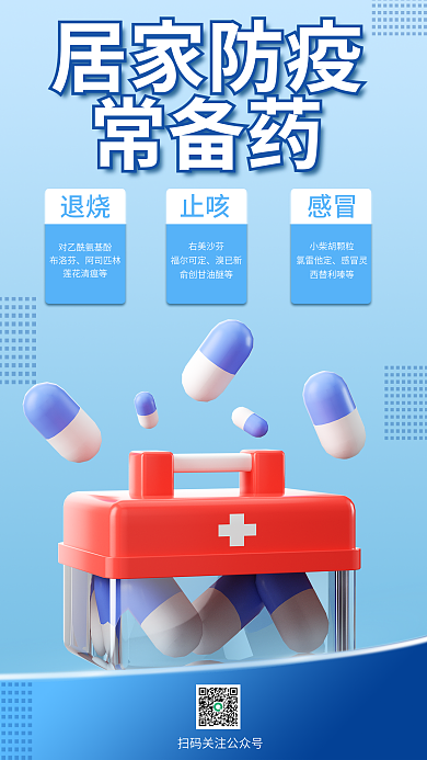 防疫备居家防疫常备药3d海报