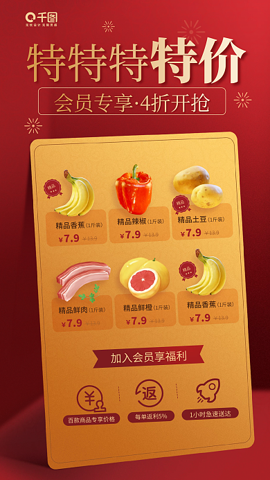 超市特价生鲜促销活动宣传红色海报