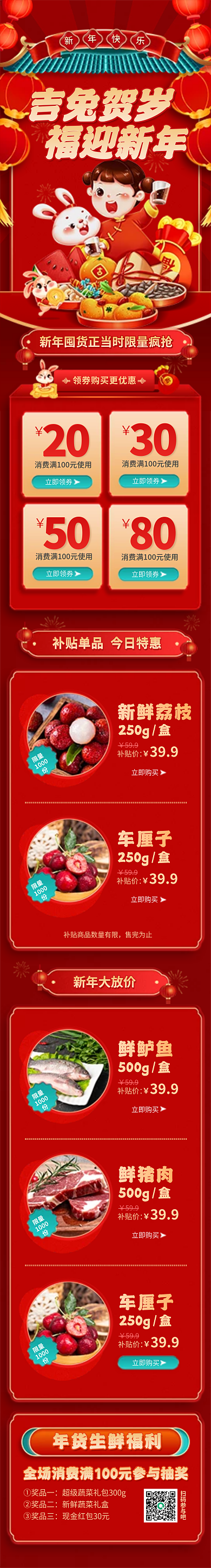 新年超市吉兔贺岁立即领券促销活动宣传信息长图