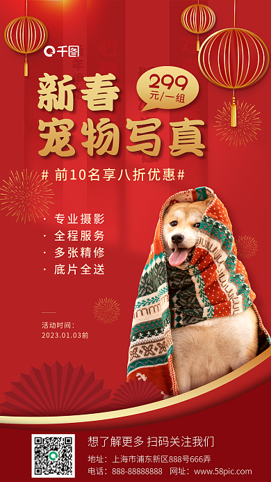 喜庆宠物万事如意新年伊始摄影宠物便利服务促销海报