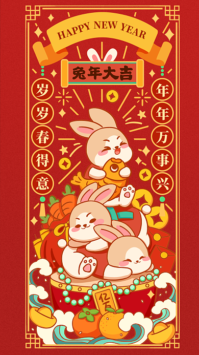 2023兔年岁岁春得意年年万事兴春节节日插画海报