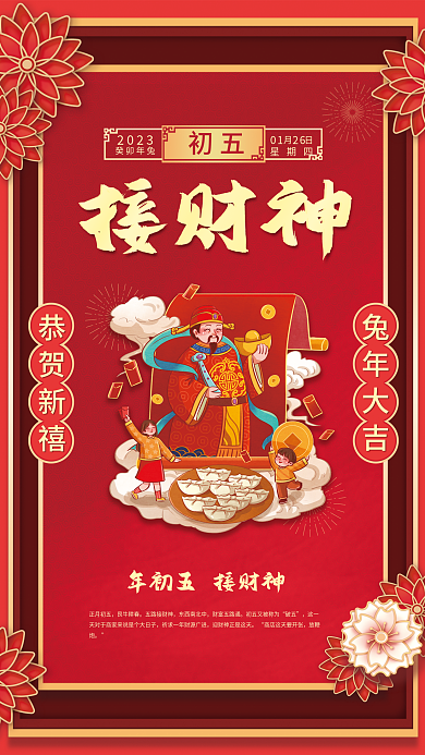 2023兔年春节习俗初五至初八系列海报