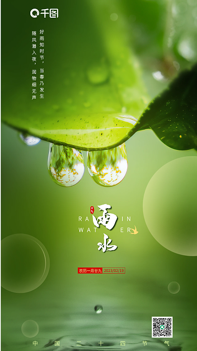 小清新绿叶RAINWATER借势雨水节气手机海报