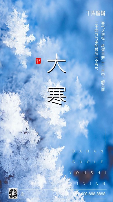 大寒雪霜蓝色简约海报
