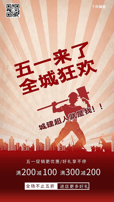 五一劳动节建筑工人红色复古海报