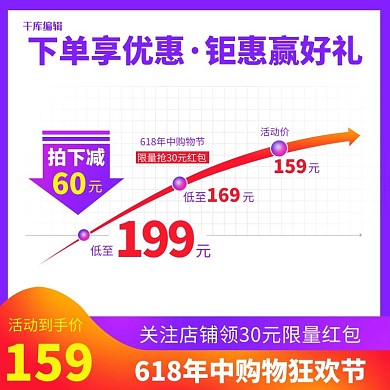 618年中购物节价格曲线紫色渐变主图