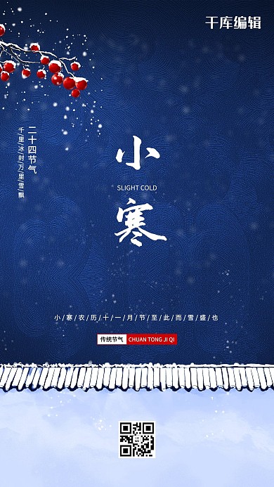 小寒学下屋檐 柿子蓝色简约风海报