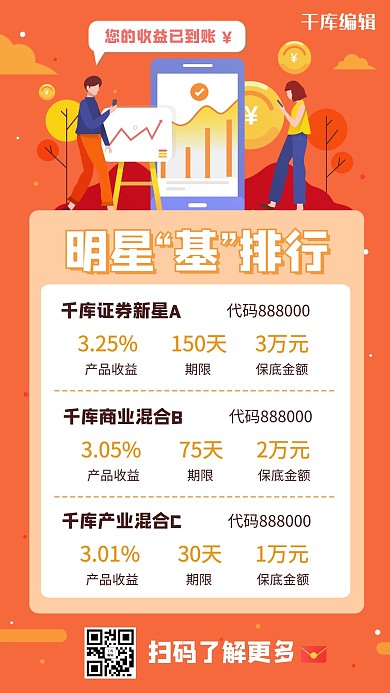 排行榜基金推荐值得买橙色扁平手机海报