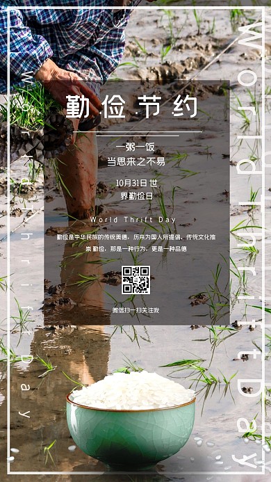 世界勤俭日 米饭彩色摄影图海报