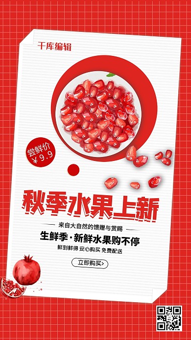 秋季水果上新石榴红色简约海报