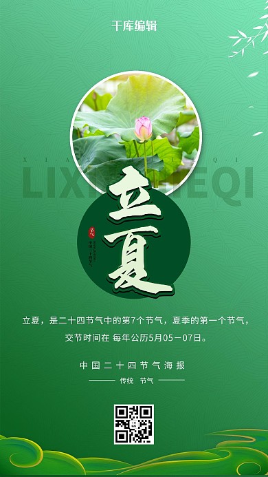 立夏荷花绿色简约海报