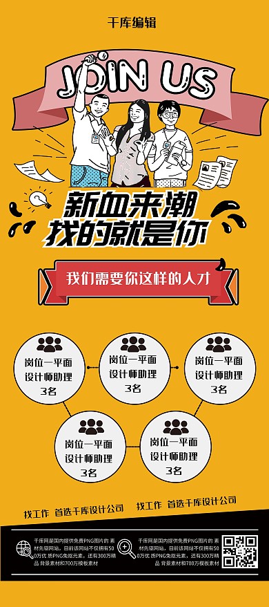 招聘黄色时尚手绘风找的就是你招人展架