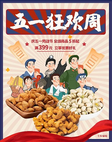 五一劳动节劳动工人坚果蓝红复古风电商竖版banner