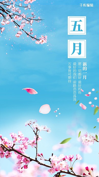 你好5月春天蓝色简约手机海报