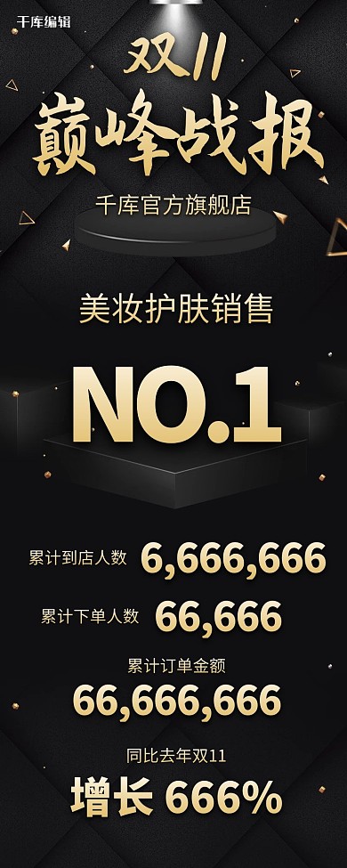 双十一战报通用黑金大气几何营销长图