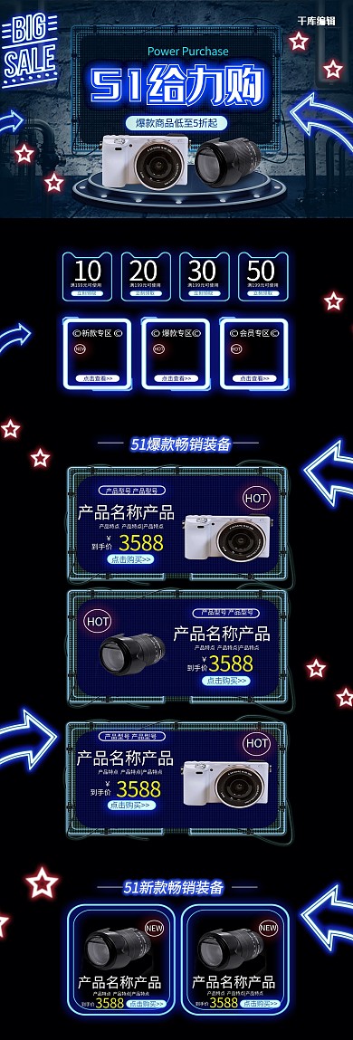 51劳动节蓝色霓虹灯数码简约电商首页