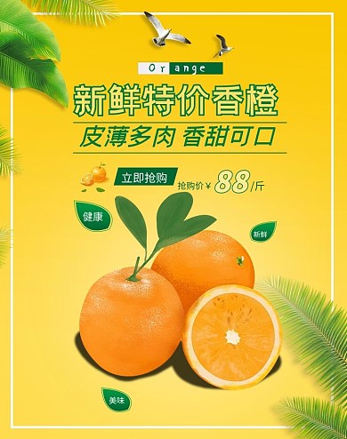 新鲜特价香橙橙子橙色简约电商海报banner