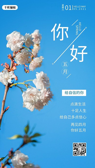 你好5月花朵蓝色简约手机海报