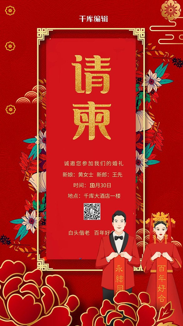 婚礼邀请函请柬红色中国风海报