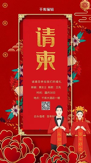 婚礼邀请函请柬红色中国风海报