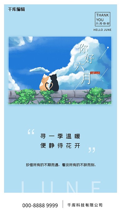 六月你好猫蓝色治愈海报