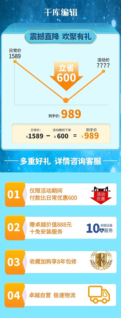 领红包会员优惠券促销蓝色简约电商详情页