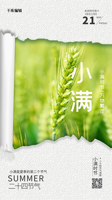撕纸风小满节气绿色撕纸风海报