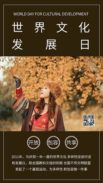 世界文化发展日摄影图褐色商务风手机海报
