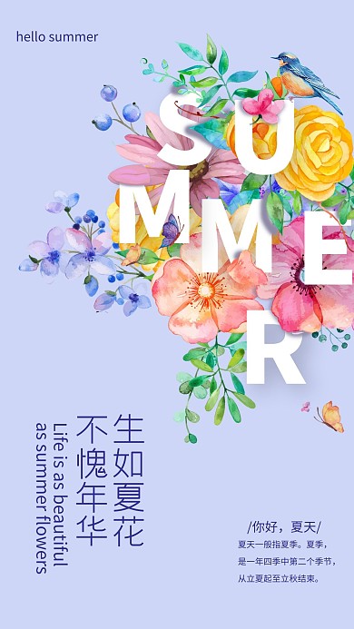 SUMMER夏天蓝色简约手机海报