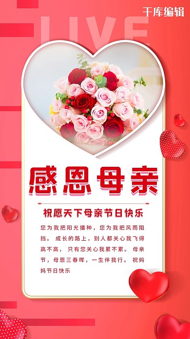 母亲节感恩母亲红色简约海报