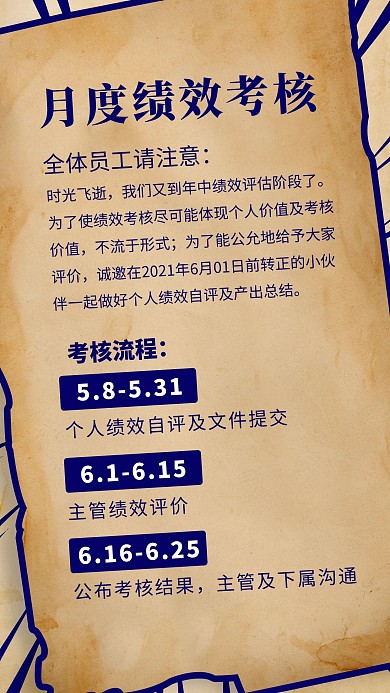 月度绩效考核通知文字蓝色复古手机海报