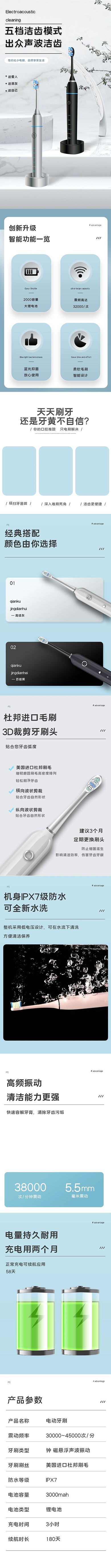 家用电器电动牙刷白色蓝色简约电商详情页