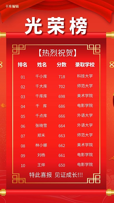 高考光荣榜红色喜庆大气手机海报