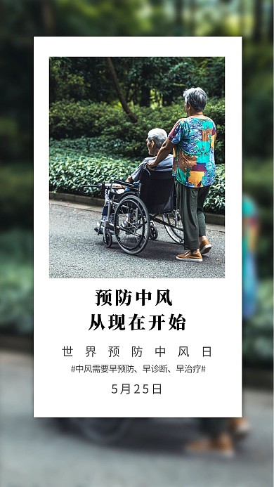 世界预防中风日坐轮椅老人绿色摄影风手机海报