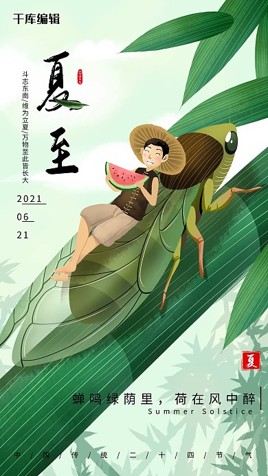 夏至 竹叶知了西瓜绿色节气海报