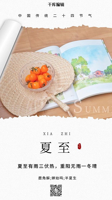 夏至夏季扇子白色撕纸风节气海报