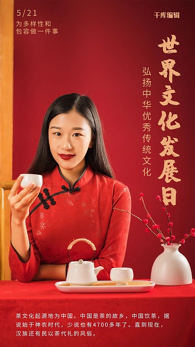 世界文化发展日女茶艺师品茶红色摄影风手机海报