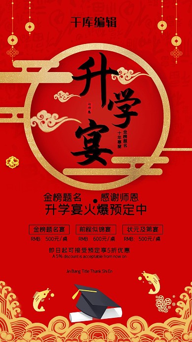 升学宴谢师恩红色剪纸风海报
