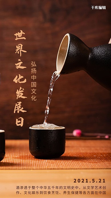 世界文化发展日倒酒棕色摄影风手机海报