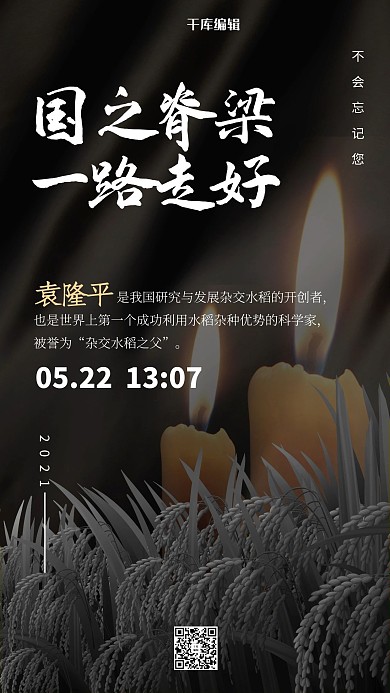 袁隆平热点水稻蜡烛黑色简约海报
