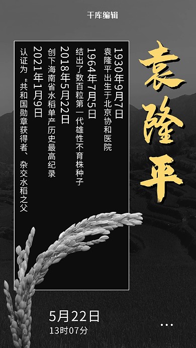 祭奠袁隆平逝世摄影图黑色商务风手机海报