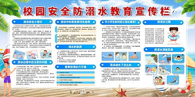校园防溺水宣传卡通人物蓝色简约展板