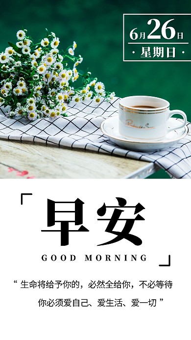早安日签问候绿色简约手机海报