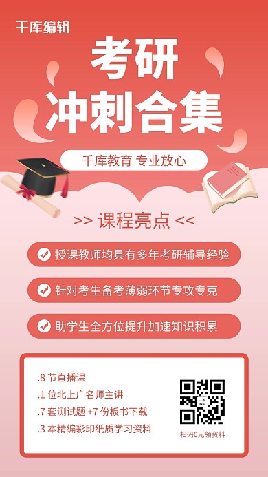 考研攻略 书本 学士帽红色简约风海报