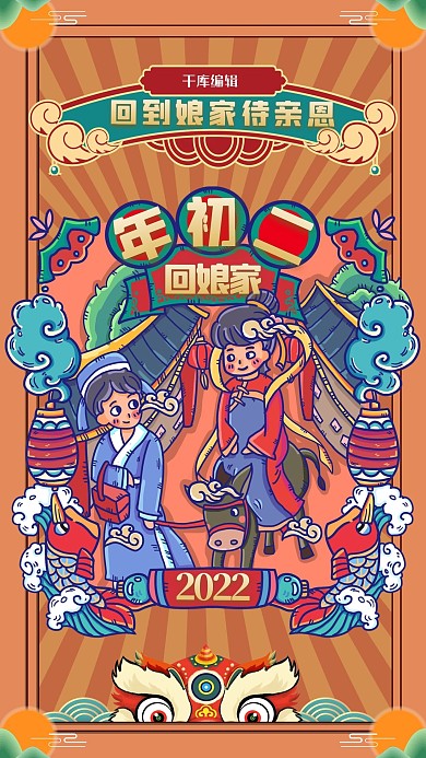 年俗正月初二黄色手绘海报