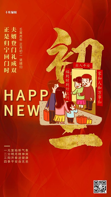 大年初二卡通人物红色创意海报