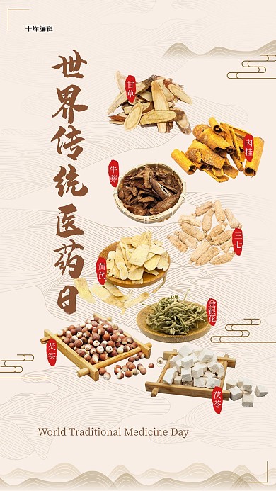 世界传统医药日中药米色中国风海报