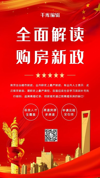 购房新政政策红色中国风海报
